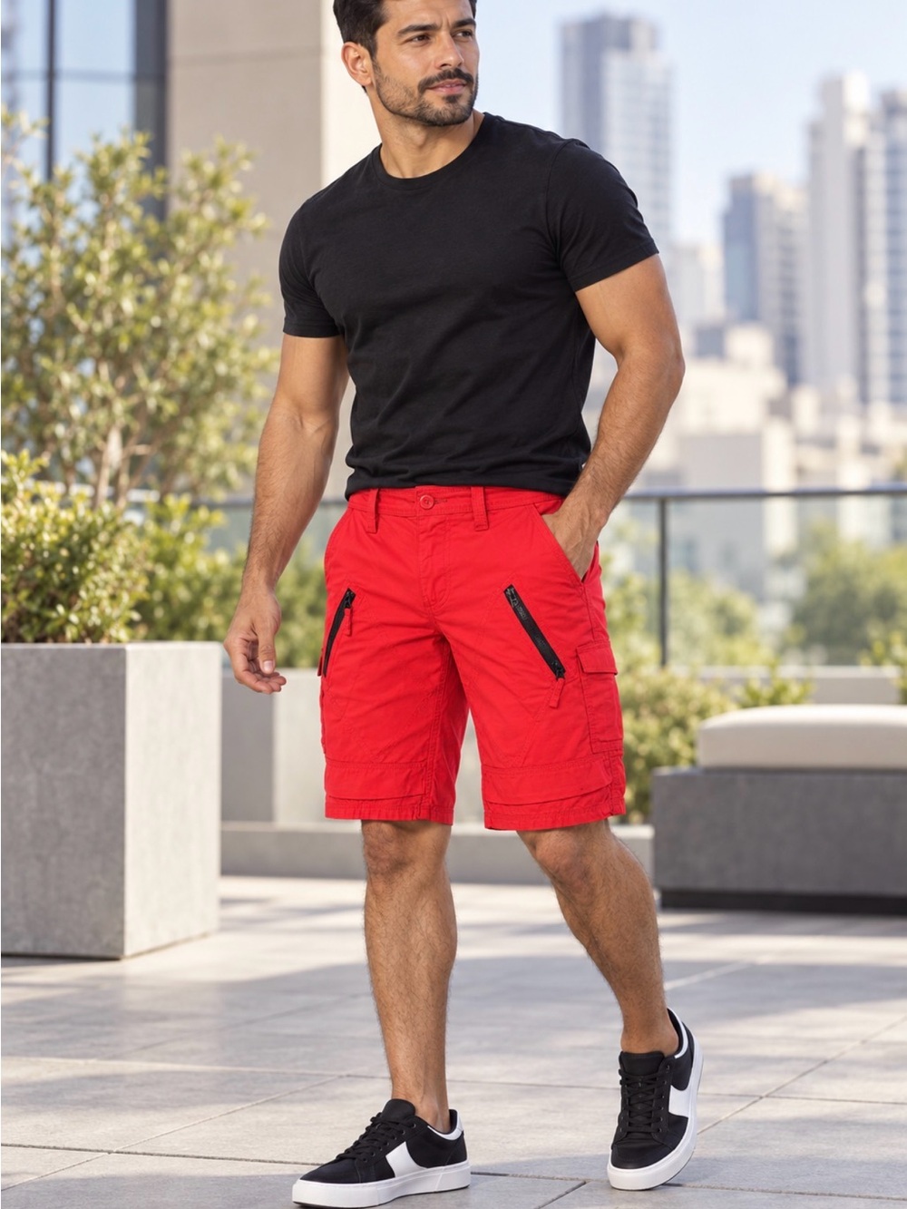 Armani Exchange Men's Red Cargo Shorts with Black Zip Accents